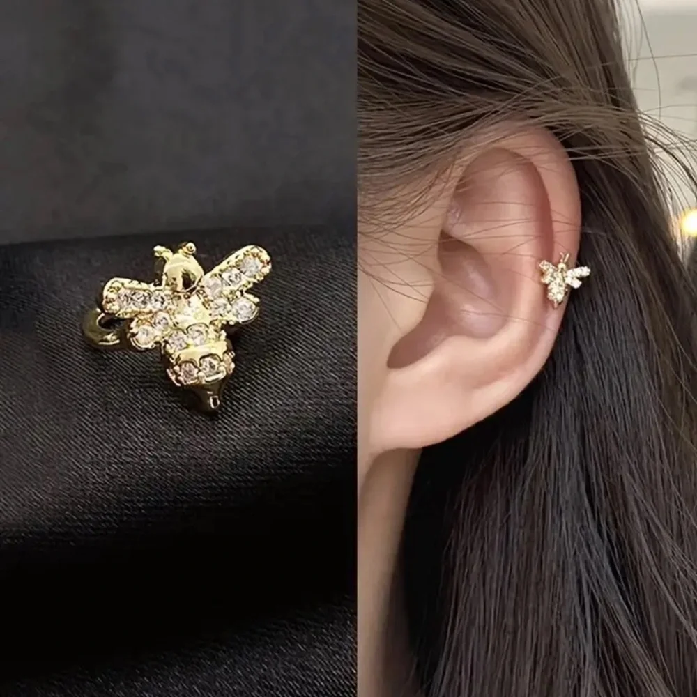 Gold Bee Ear Cuff. Elegant Bee Clip-On Earring with Sparkling Cubic Zirconia 🐝